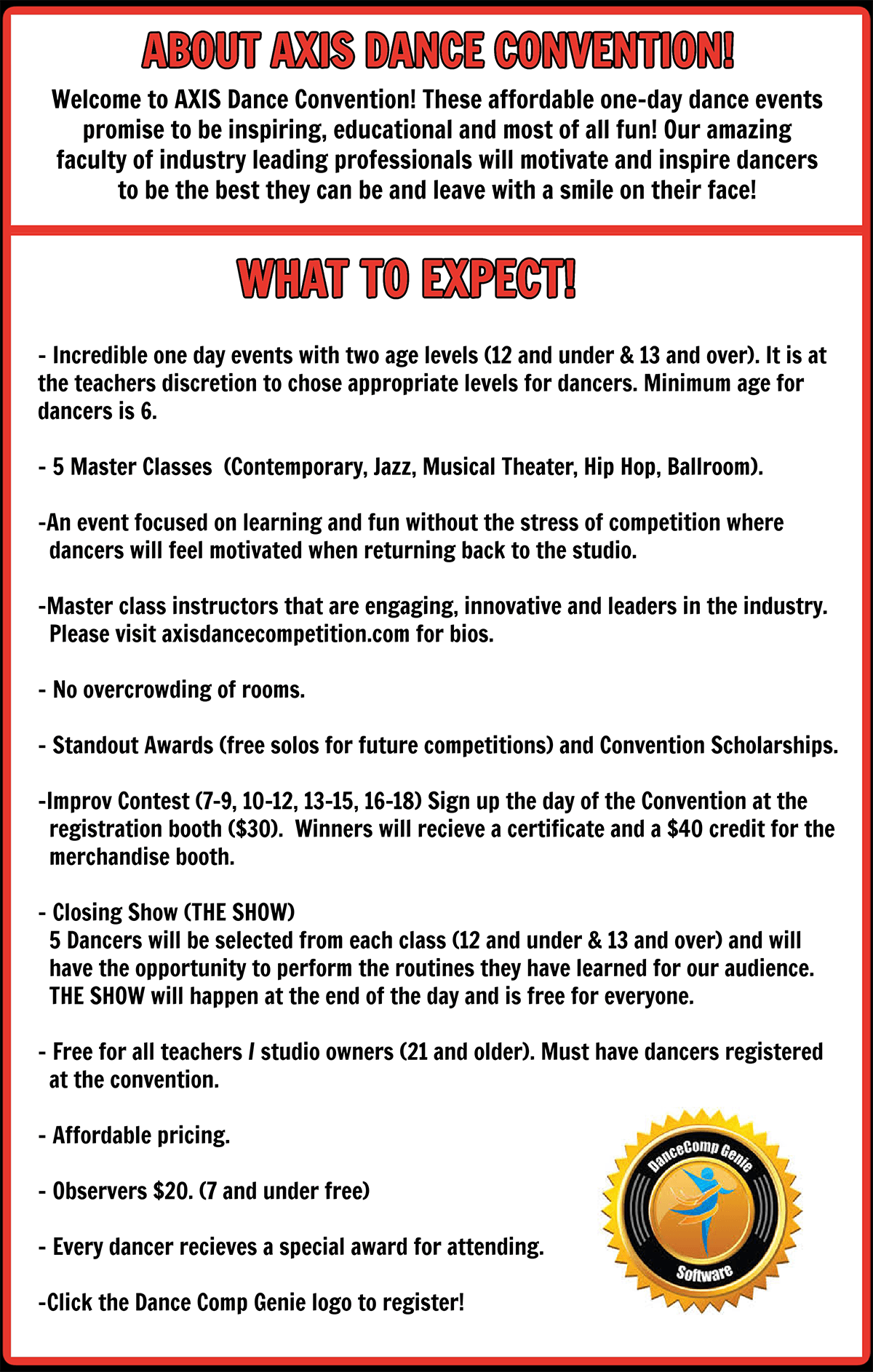 Axis Dance Competitions Sample General Schedule Link to DanceComp Genie